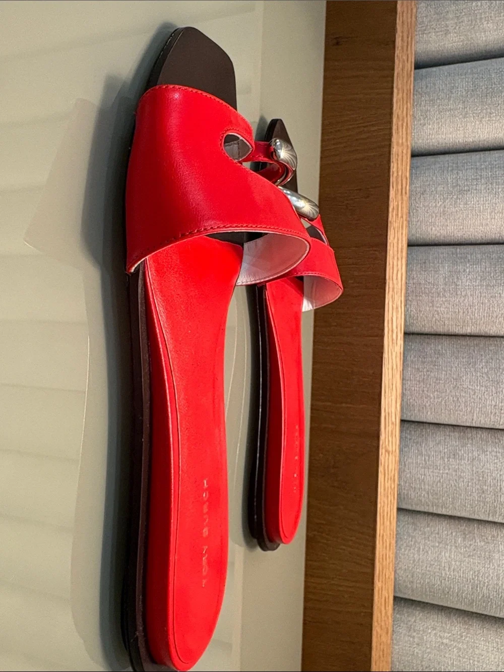 Tory Burch Red Leather Slide Mules with Silver Accent